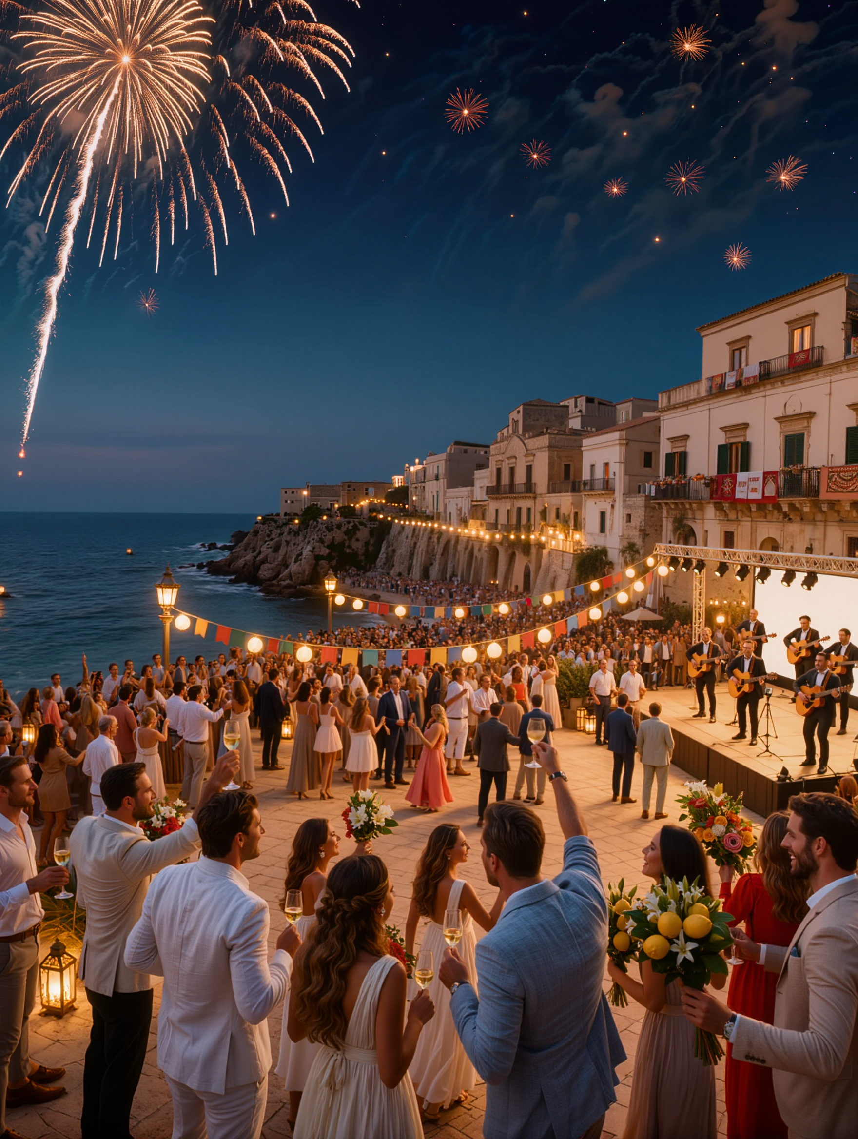 Families watching fireworks together during festa
